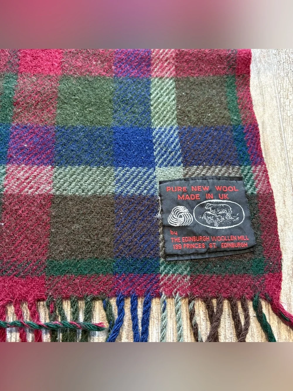 Vtg 100% Pure New Wool Plaid Blanket Red Navy Green Brown 46x48” Fringe Made UK